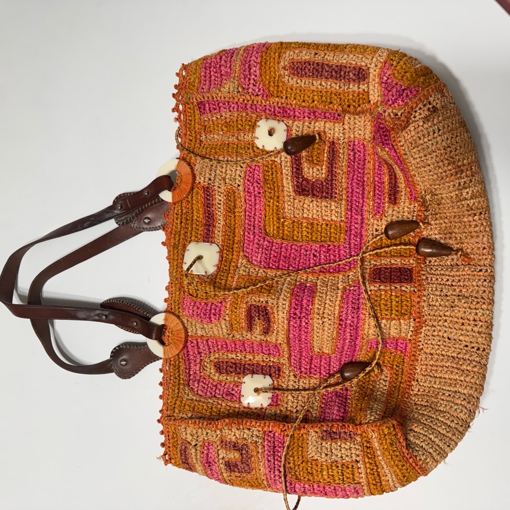 RARE VINTAGE JAMIN PUECH Elegant Woven Shoulder Bag in Pink and Brown